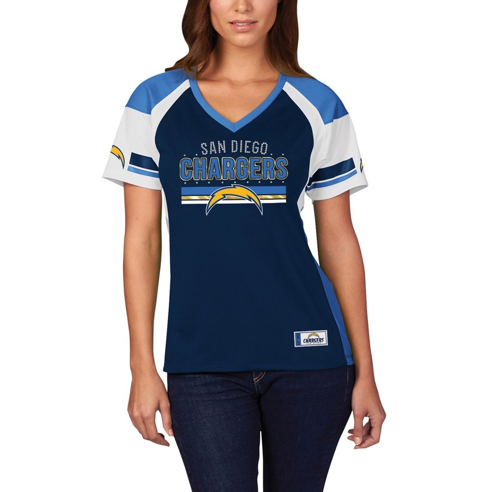 Vintage San Diego Chargers Women's Navy and White V-Neck Jersey (A302)